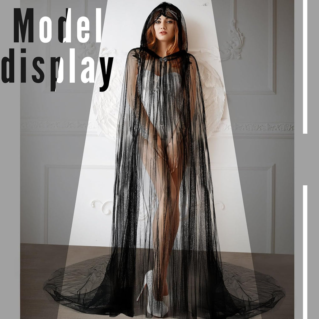 Hercicy Halloween Lace Cape Full Length Hooded Cloak Gothic Witch Sheer Cape for Cosplay Vampire Costume Wedding