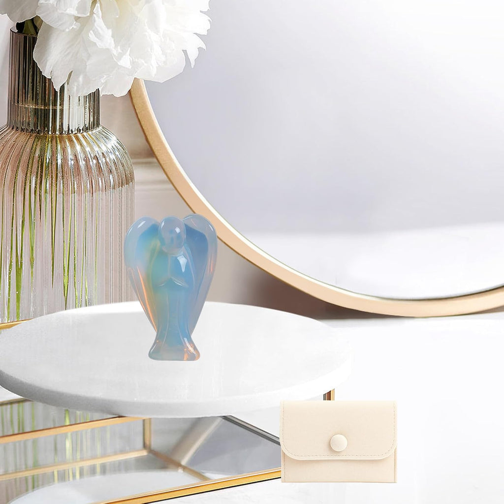 Engel mit Geschenkbeutel - Opal Stein Handgeschnitzter Engelfigur - Eiskalte Engel als Glücksbringer Stein - Schutzengel Energie und Positive Schwingungen