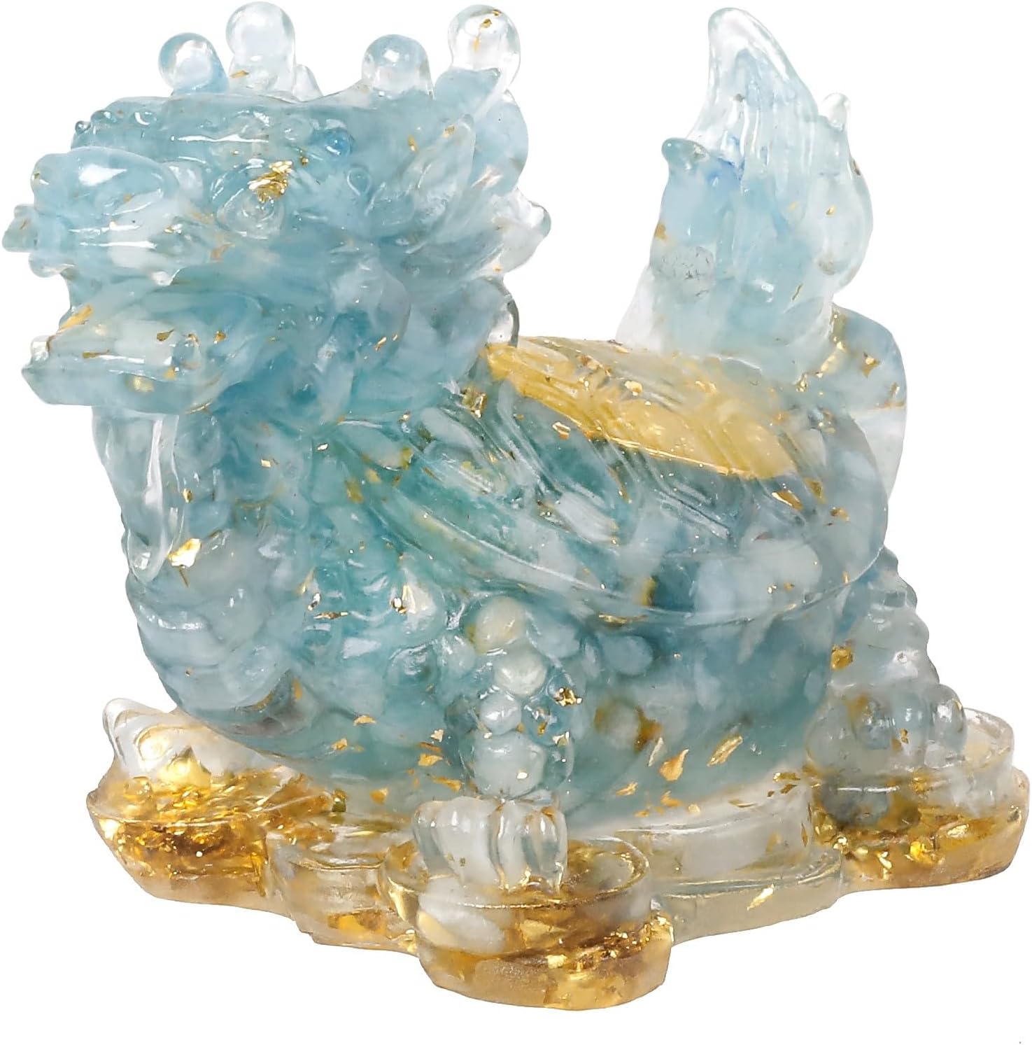 KYEYGWO Aquamarine Kristall Drachen-Schildkröte Figur Deko, Harz Chinesischer Drache Stein Statue Reichtum Goldmünze Skulptur Feng Shui Wohlstand Ornament Glück Sammlerfigur für Haus Büro