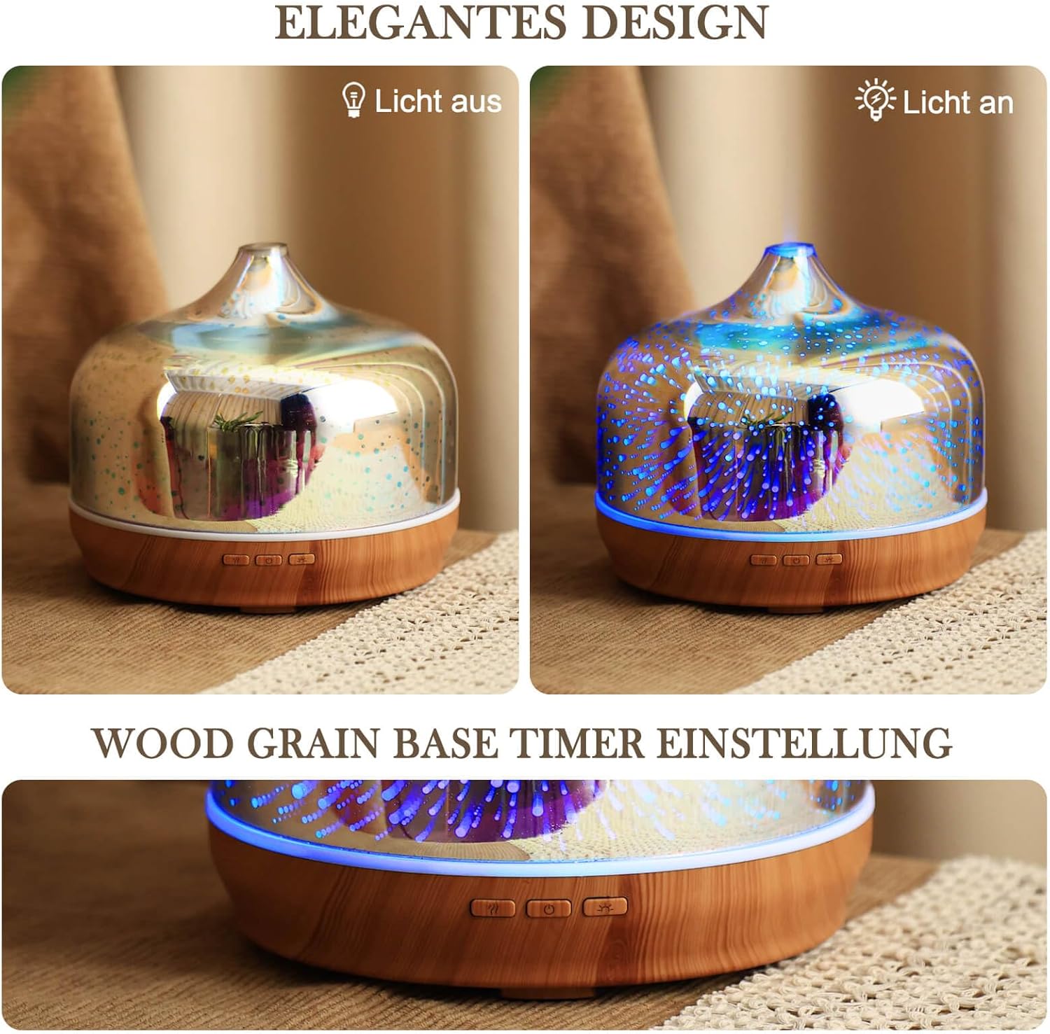 Porseme Aroma Diffuser 500ml, Handgeblasen 3D Glas Luftbefeuchter, Ultraschall Aromatherapie Öle Diffusor mit 7 farbigem LED Licht,Diffusor für Ätherische Öle Letzte 15-21 Stunden,BPA Frei für Wohnung