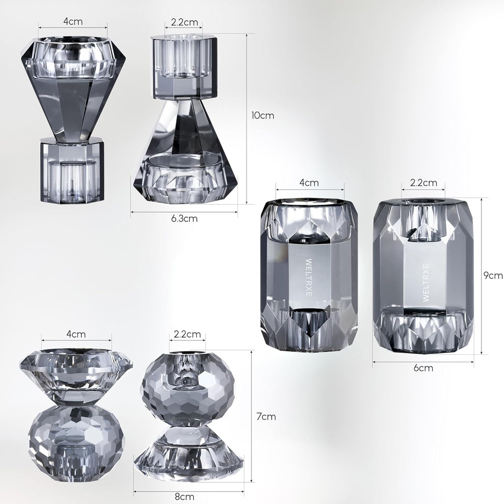 WELTRXE Kristall Kerzenhalter, 3er Set transparente Teelichthalter für Stabkerzen und Teelichter, 2-in-1-Design-Kerzenhalter aus Kristall für Tischdekorationen, Hochzeiten, Party (Grau)