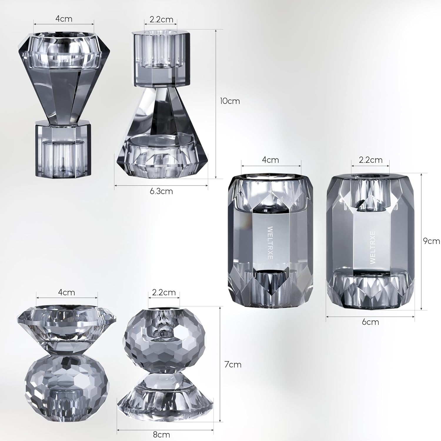 WELTRXE Kristall Kerzenhalter, 3er Set transparente Teelichthalter für Stabkerzen und Teelichter, 2-in-1-Design-Kerzenhalter aus Kristall für Tischdekorationen, Hochzeiten, Party (Grau)