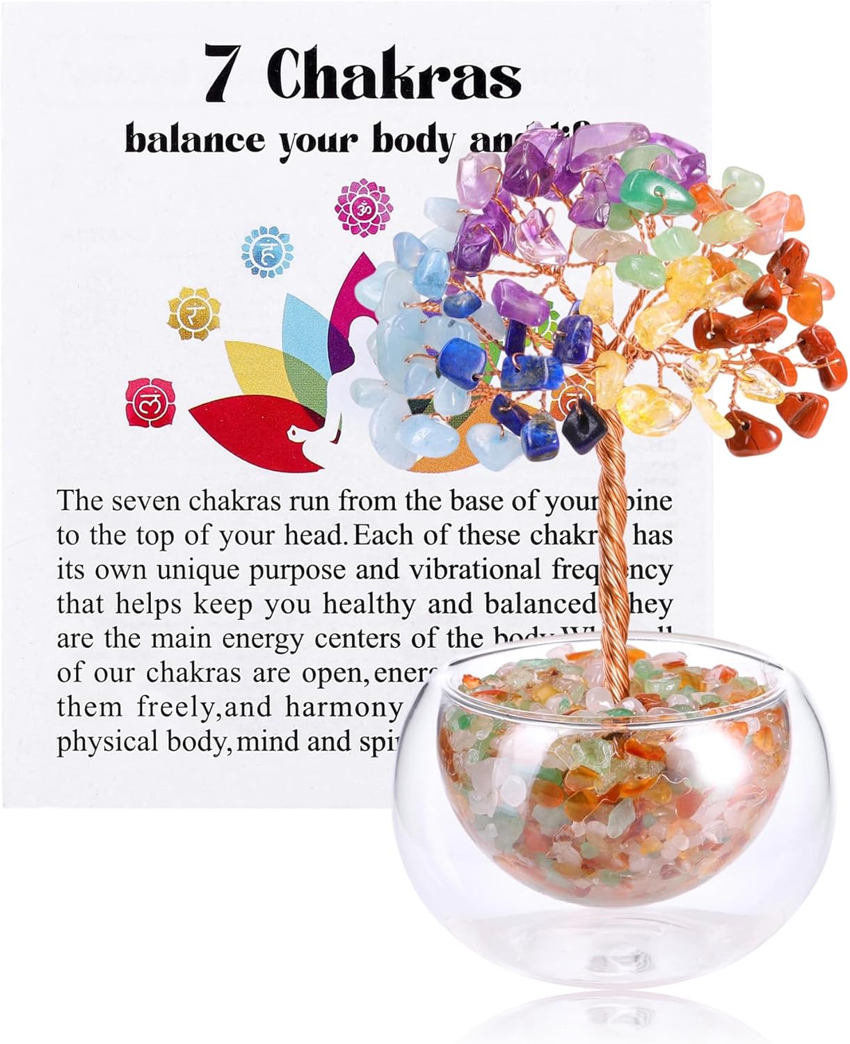 7 Chakra Feng Shui Baum mit Glas Basis Lebensbaum Deko Heilsteine Edelsteine Baum Geldbaum Kristallbaum Glücksbringer Spirituelle Feng Shui Deko