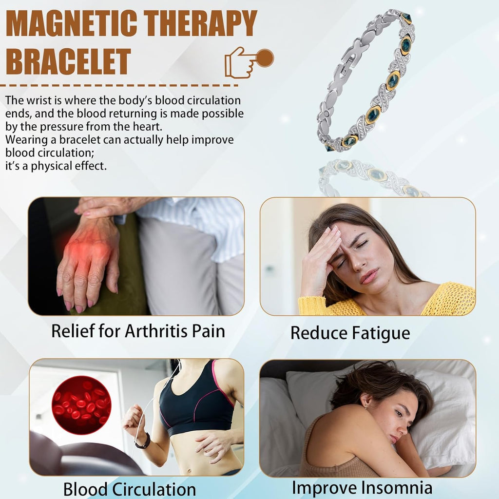 2er-Pack Magnetfeldtherapie-Arthritis-Armbänder für Frauen, Lymphdrainage-Magnettherapie-Armbänder, 10 Stück 3500 Gauss Edelstahl-Armbänder mit simulierten Edelsteinen