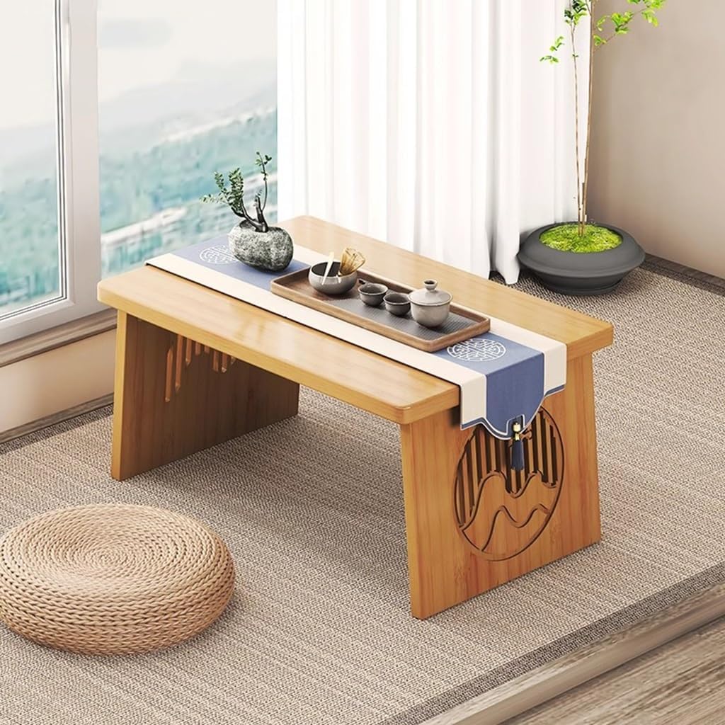 Faltbarer japanischer Stil Boden Kleiner Teetisch, Tatami Couchtisch, niedriger Altartisch für Meditation, für Boden Sitzen, für Essen und Spirituelle Praktiken (Holz, 60x40x30cm)