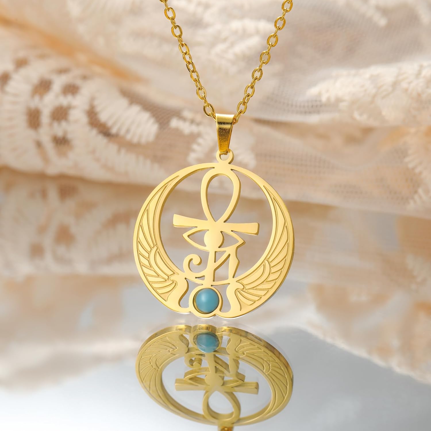 EUEAVAN Ankh Kreuz Auge des Horus Edelstein Halskette Schlüssel des Lebens Skarabäus Anhänger ägyptische Göttin Isis Schutzamulett Religiöser Schmuck für Frauen Männer