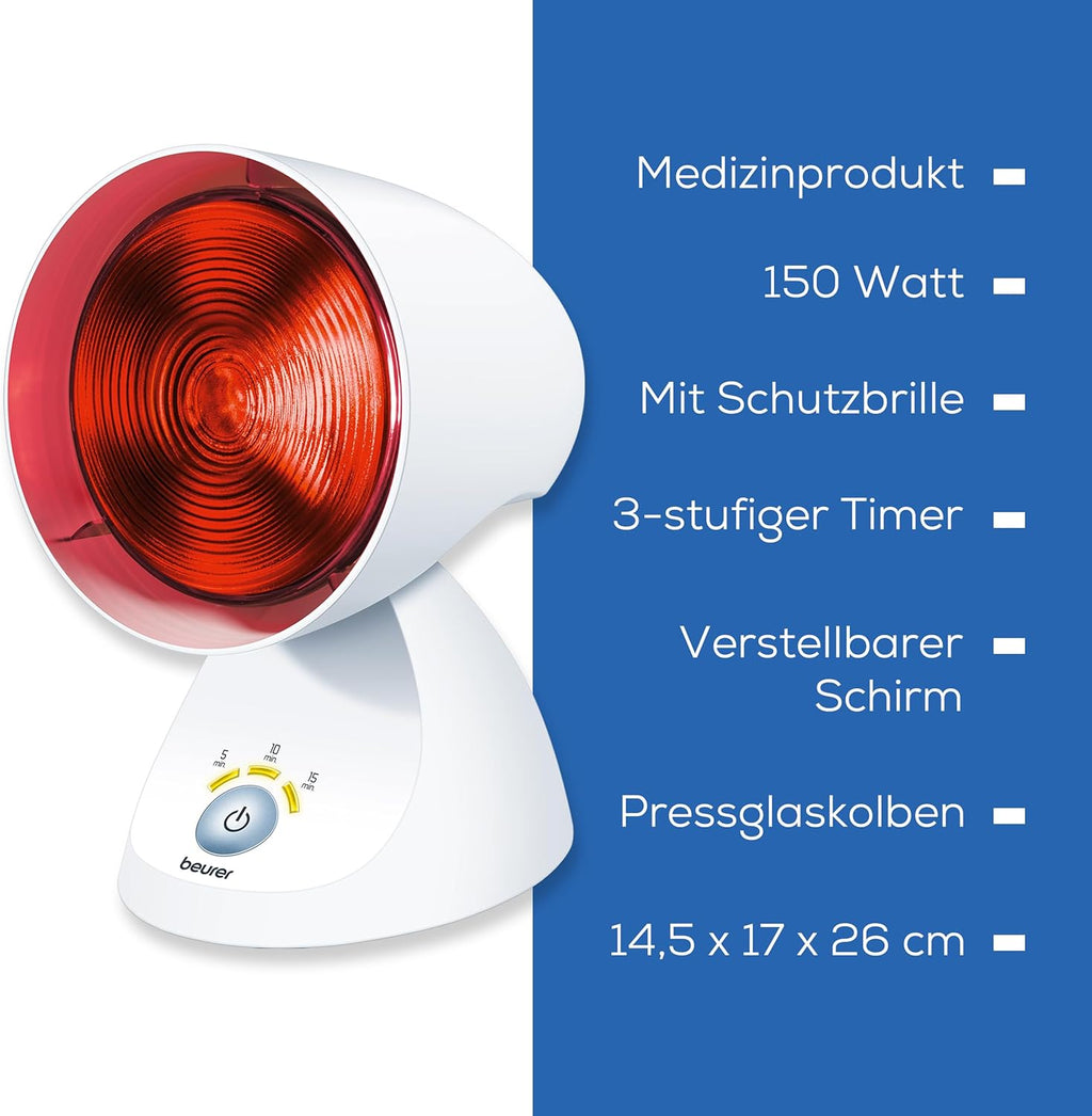 Beurer IL 35 Infrarotlampe, wohltuendes und wärmendes Infrarotlicht mit 3-stufigem Timer, 5 Neigungswinkeln, Lockerung von Muskeln und Linderung von Verspannungen, 1 Stück , Weiß