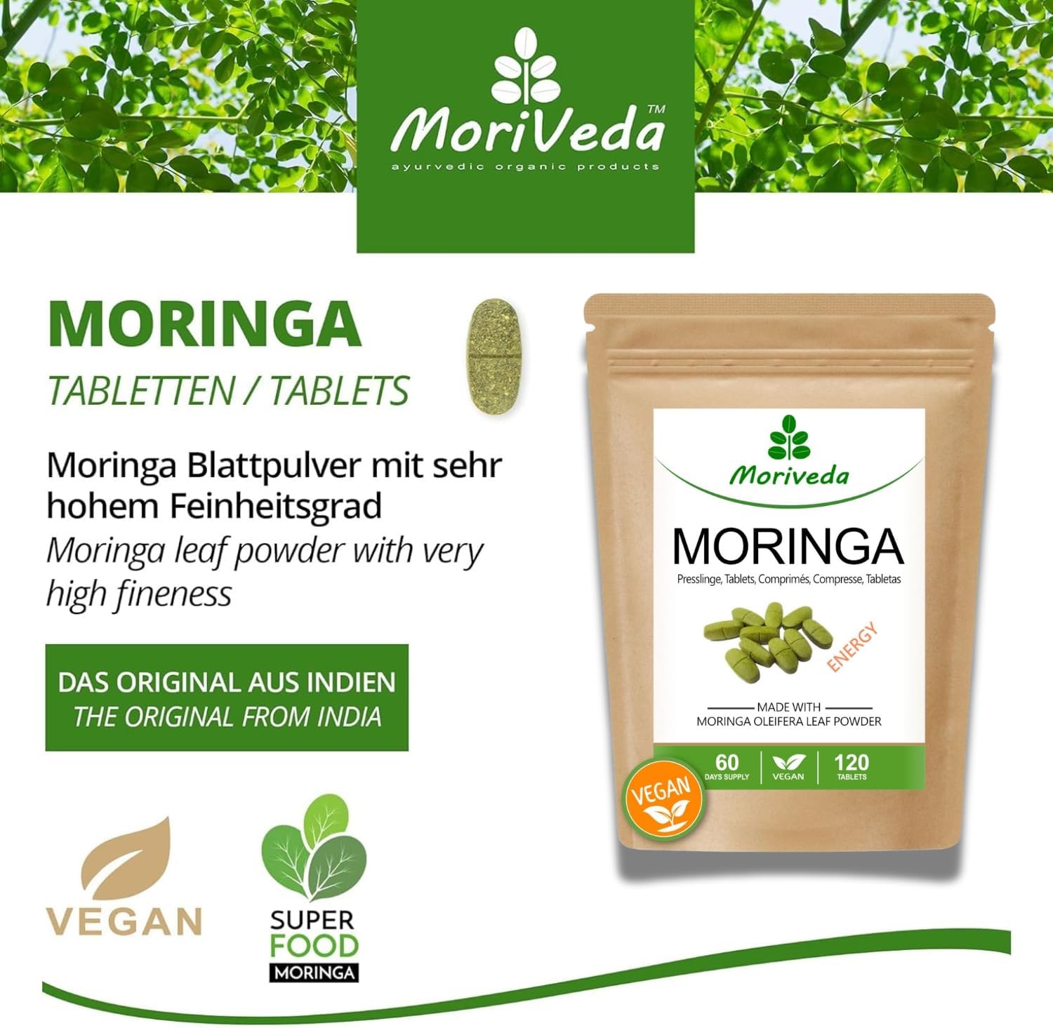 Moringa Energy Tabletten 3800mg - 180 Tage Vorrat - Moringa hochdosiert, mit Vitaminen, Proteinen & Aminosäuren in Ayurveda Spitzen-Qualität - Vegan & Glutenfrei - von MoriVeda - 360 Presslinge