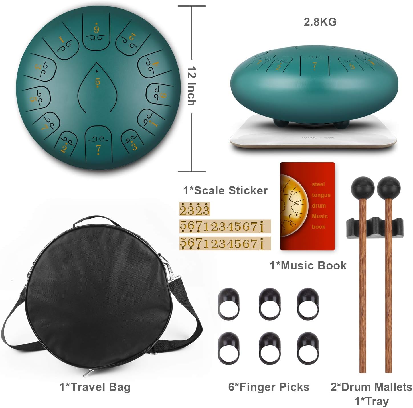KUD Steel Tongue Drum, 12 Zoll 13 Tone C-Dur Zungentrommel Ätherische Trommel Stahl Handpan Drum Schlagzeug Instrument mit Trommelschlägeln Tragetasche für Meditation Yoga Klangheilung