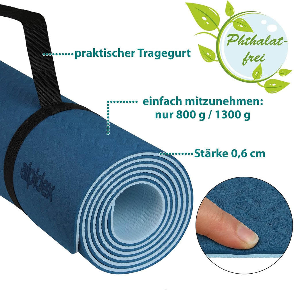 ALPIDEX Yoga Mat Non-Slip 190 x 61 x 0.6 cm | 190 x 90 x 0.6 cm E-Book Phthalate-Free Fitness TPE Mat Gymnastics Pilates Sports Yoga Training Mat