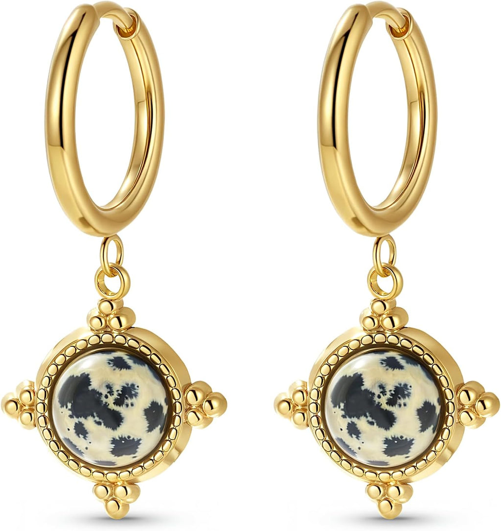 Boho Vintage Ohrringe Gold hängend Damen Creolen mit Naturstein Anhänger Hängeohrringe Klein Elegant