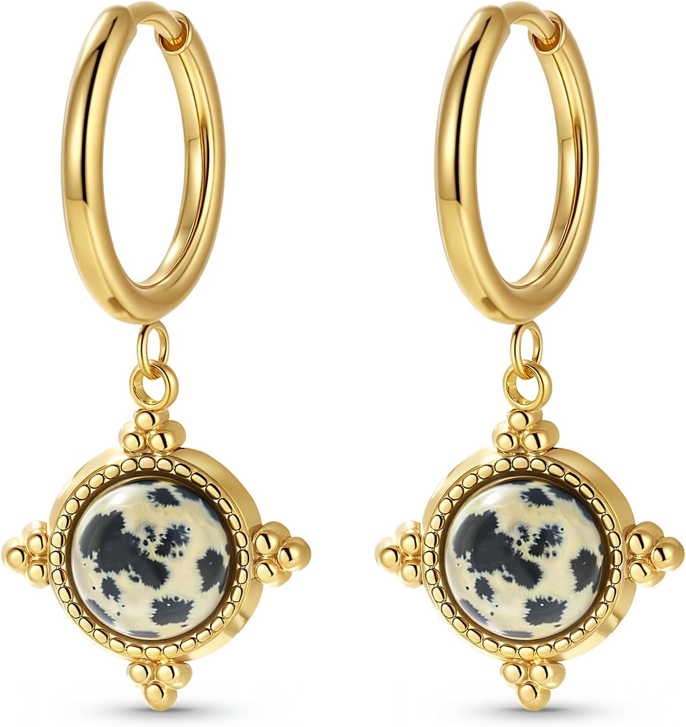 Boho Vintage Ohrringe Gold hängend Damen Creolen mit Naturstein Anhänger Hängeohrringe Klein Elegant