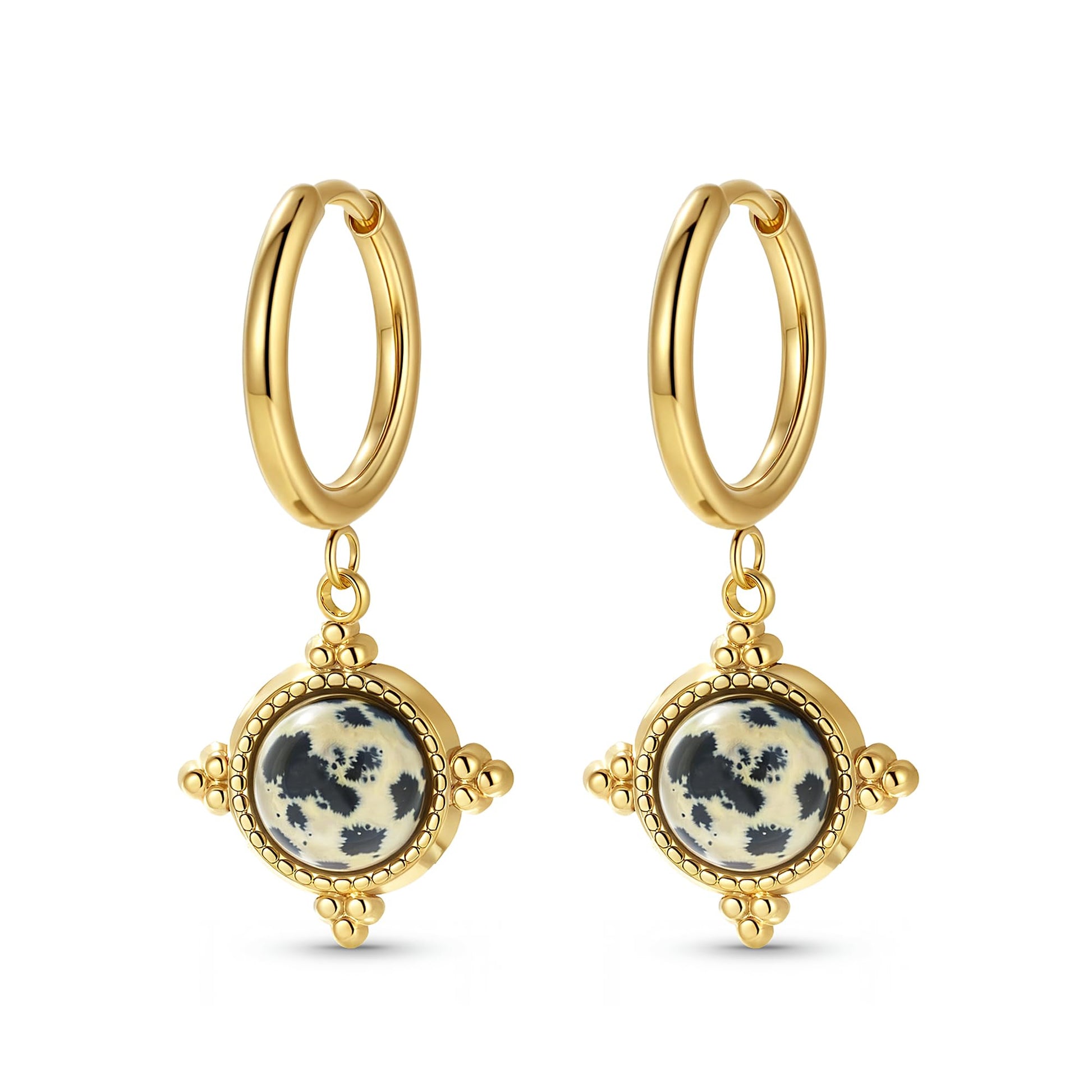 Boho Vintage Ohrringe Gold hängend Damen Creolen mit Naturstein Anhänger Hängeohrringe Klein Elegant