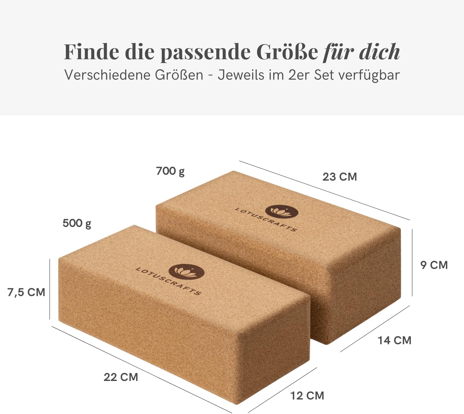 Lotuscrafts® Yoga Block Kork 2er Set oder Einzeln, Korkblock in 2 Größen, Made in Portugal, 100% Natürliche Yogablöcke aus Kork, Yoga Zubehör für Anfänger & Fortgeschrittene