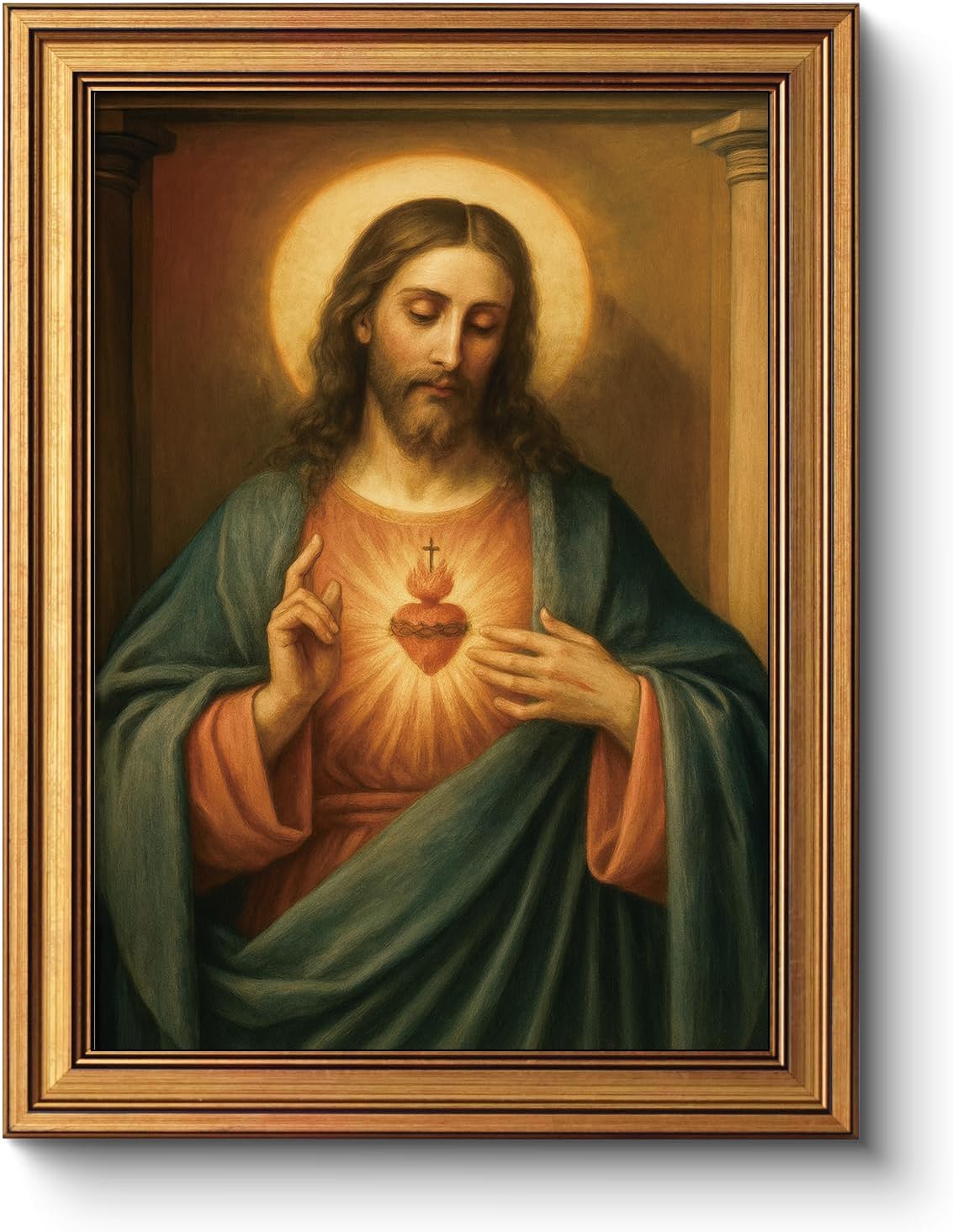 Vintage Sacred Heart of Jesus Christ Canvas Gold Framed Wall Art, 12x16 Inch Religious Oil Painting Artwork, Christian Art Print for Home Living Room Spiritual Spaces Decor