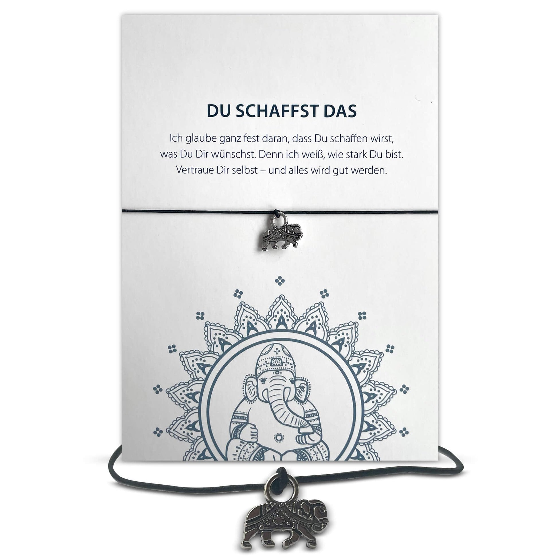 Glücksschmiedin - Mutmacher Geschenk, Motivations Postkarte mit Kraft Armband und Elefant Anhänger handgefertigt