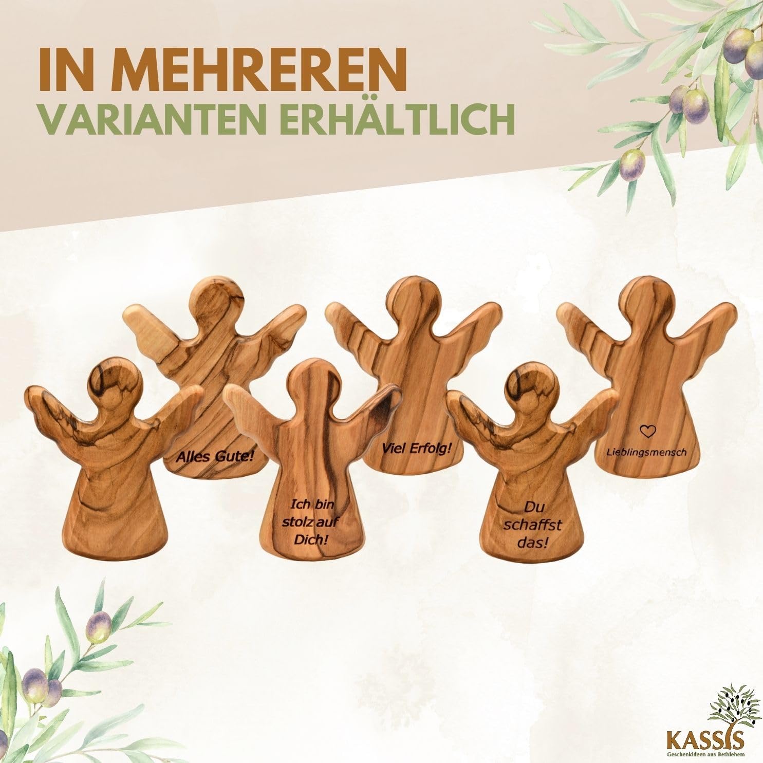 Kassis Geschenkartikel Olivenholz-Schutzengel - Handgefertigte Engel-Figur aus Bethlehem - Schutzengel-Glücksbringer - (ohne Gravur) - (1 Stück)