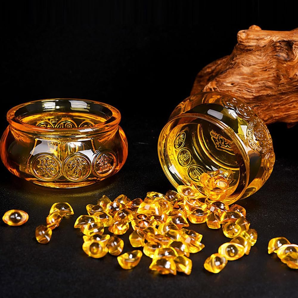 Aisamco handgemachtes Kristallglas Feng Shui Golden Treasure Becken mit Barren/Yuan Bao, viel Glück Reichtum Porsperity Figur für Feng Shui Dekor, Home Office Dekor, chinesisches Stil Geschenk