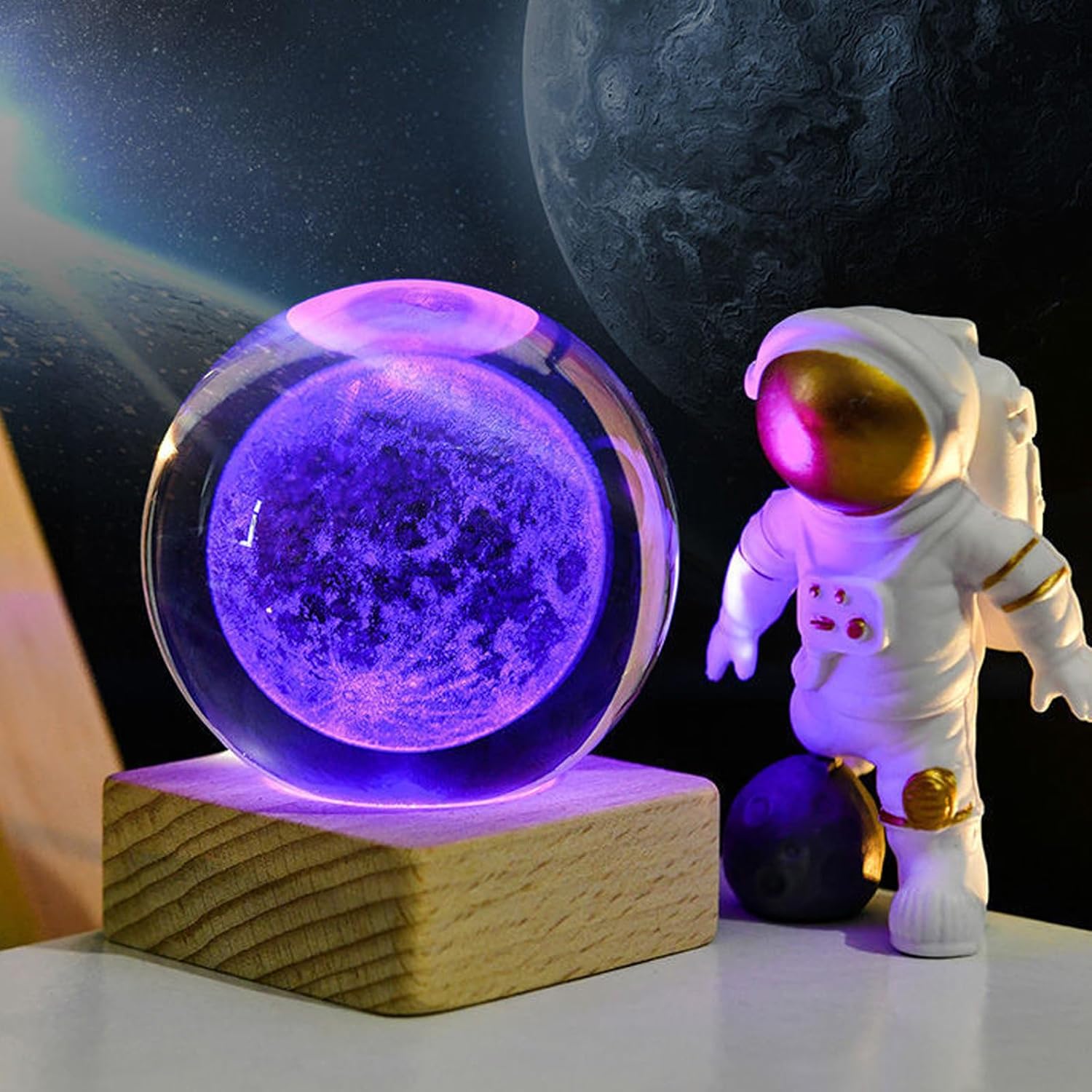 Zoomarlous 3D Crystal Ball Night Light, USB 3D Moon Crystal Ball Night Light, Creative Night Scene, Astronomy LED Ball Lamp, with Wooden Base