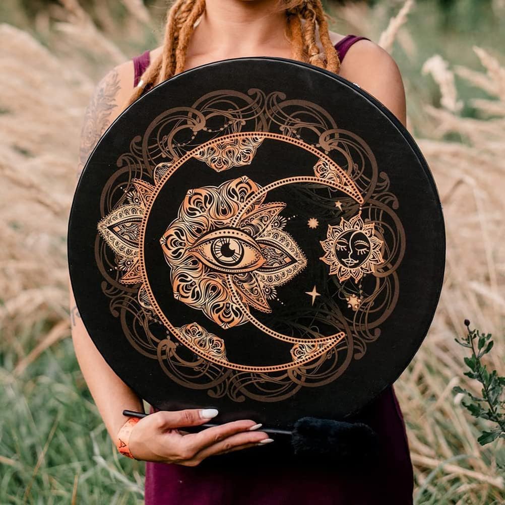 Alomejor Shaman Drum with Mallet, Handcrafted, Polyester and Wood, 9.8 Inch, for Meditation, Chakra Balancing, Sound Healing