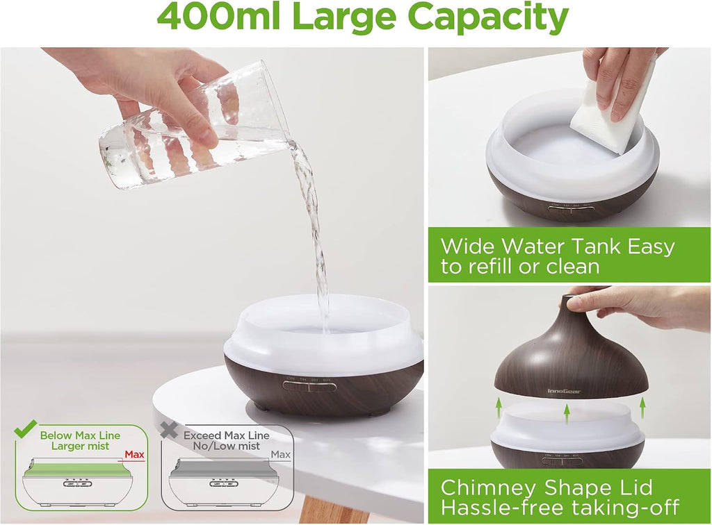 InnoGear 400ml Aromatherapy Essential Oil Diffuser 10 Oils Gift Set, Dark | Cool Mist Humidifier, Essential Oils, Ultrasonic, 4 Timers, Run up to 12hrs, Large Room, Home, Automatic Shut-Off, Quiet