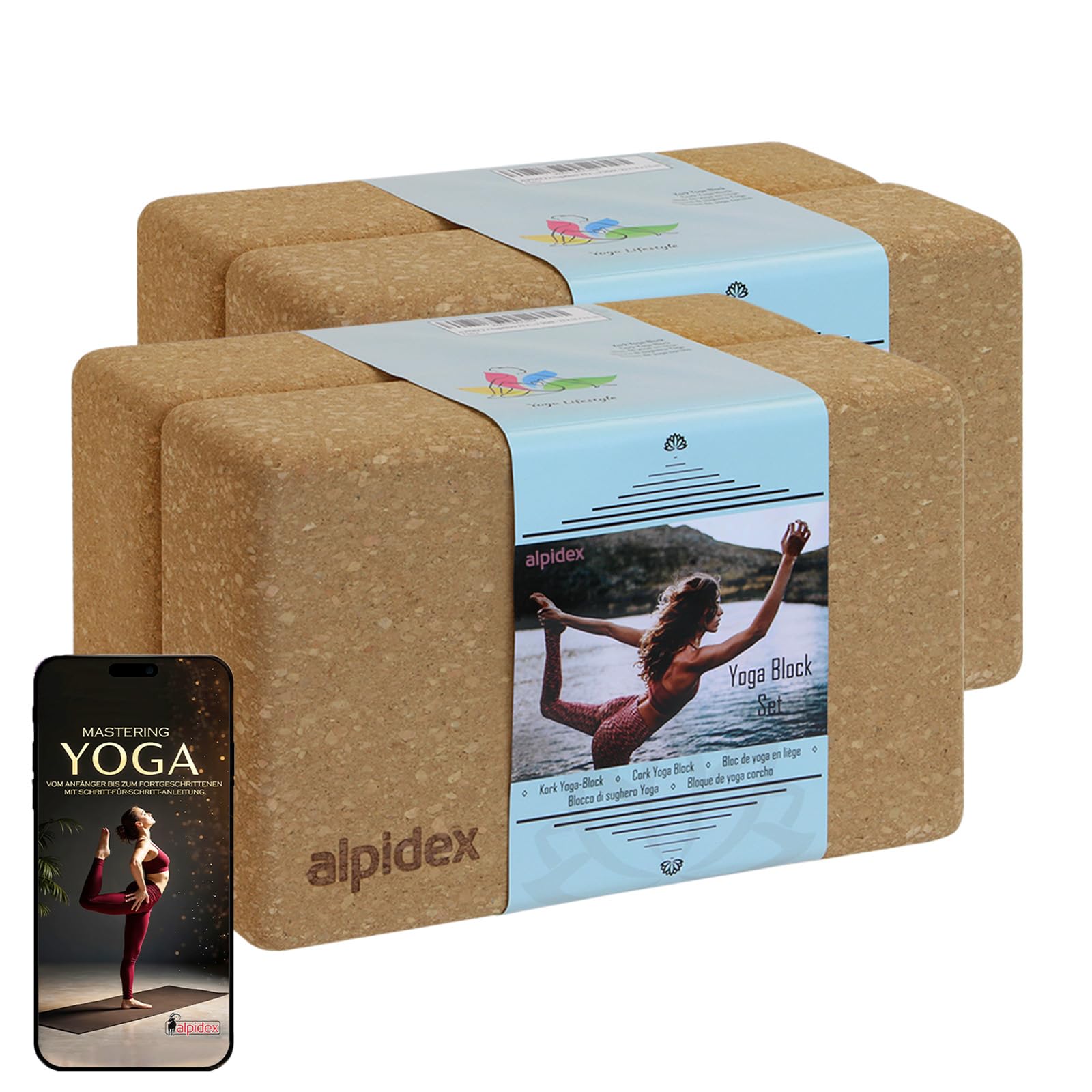 ALPIDEX Yogablock 2er oder 4er Set inkl. E-Book mit 100 Übungen Ökologisch Nachhaltig Naturkork aus Portugal Korkblock Yoga Pilates | 7 Jahre Garantie auf Material*
