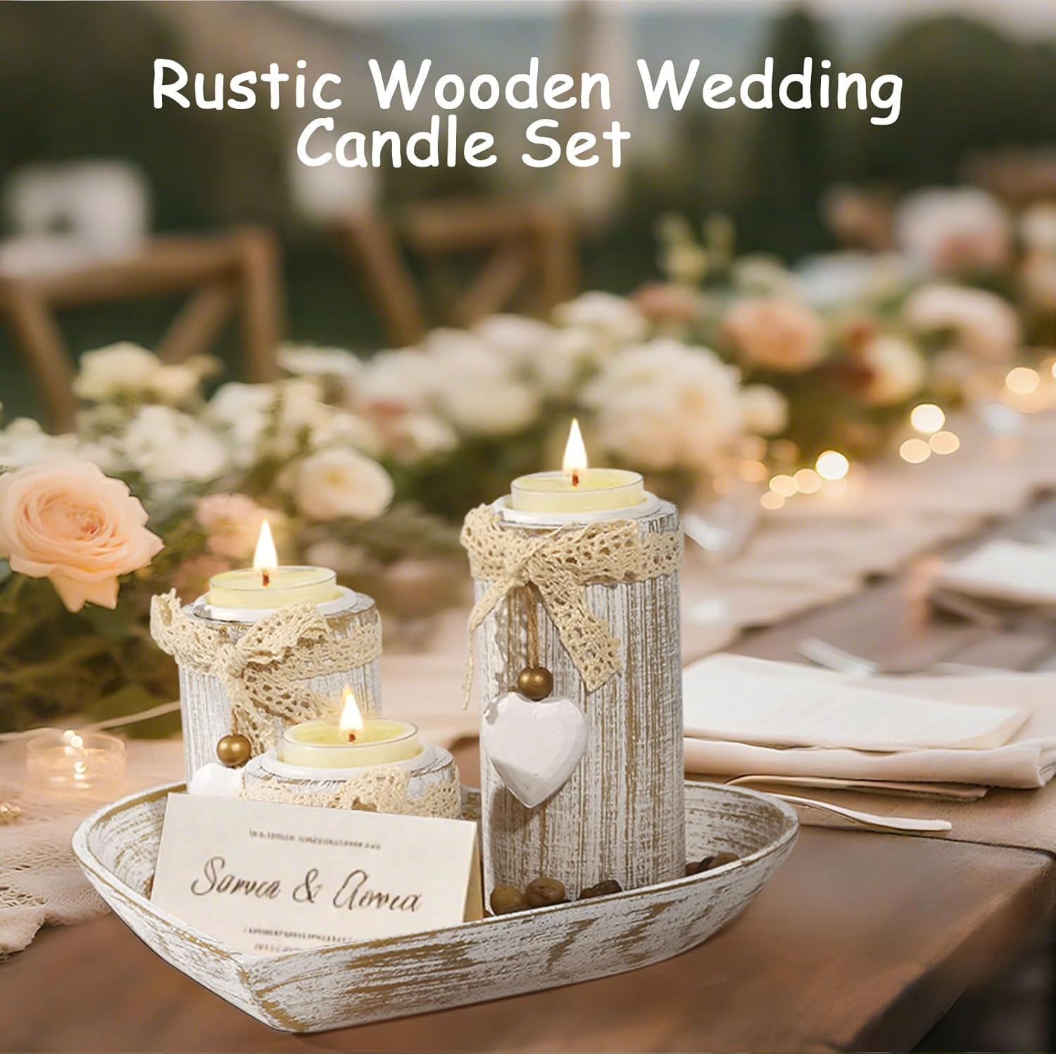 GoMaihe Holz Teelichthalter mit Tablett: 3-teiliges Kerzenständer-Set aus für Hochzeits- und Esstischdekoration, Geburtstagsgeschenk für Mama, romantische Wohndeko, Herzform
