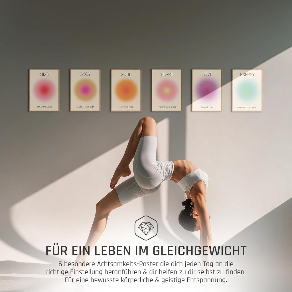 Mind Body Soul Poster Set Achtsamkeit Aura Farben Yoga Wanddeko Inspirierende Bilder Mindfulness Schlafzimmer Deko Wohnzimmer Dekoration Homeoffice Achtsamkeitsposter (6x A4 | Ohne Rahmen)