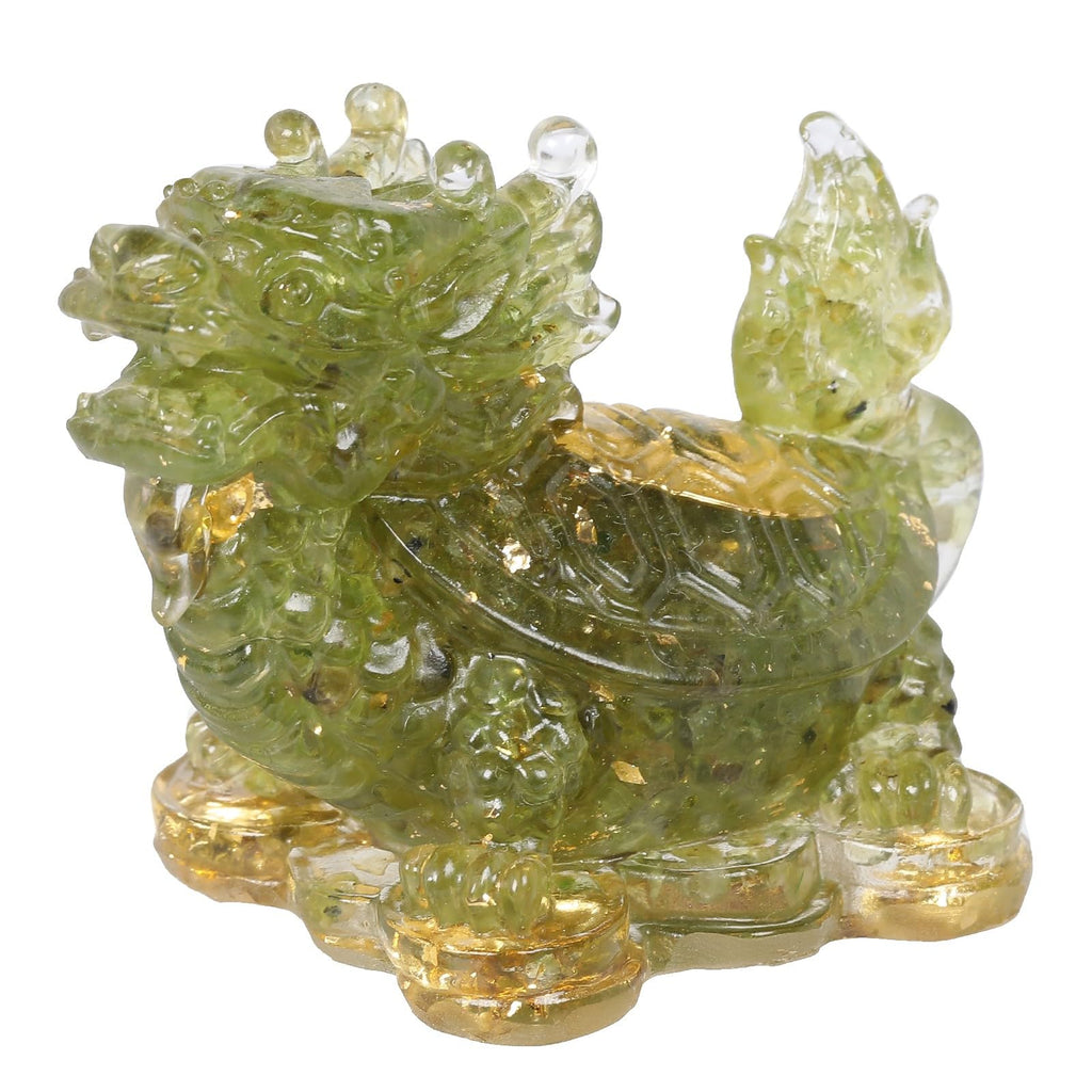 KYEYGWO Aquamarine Kristall Drachen-Schildkröte Figur Deko, Harz Chinesischer Drache Stein Statue Reichtum Goldmünze Skulptur Feng Shui Wohlstand Ornament Glück Sammlerfigur für Haus Büro