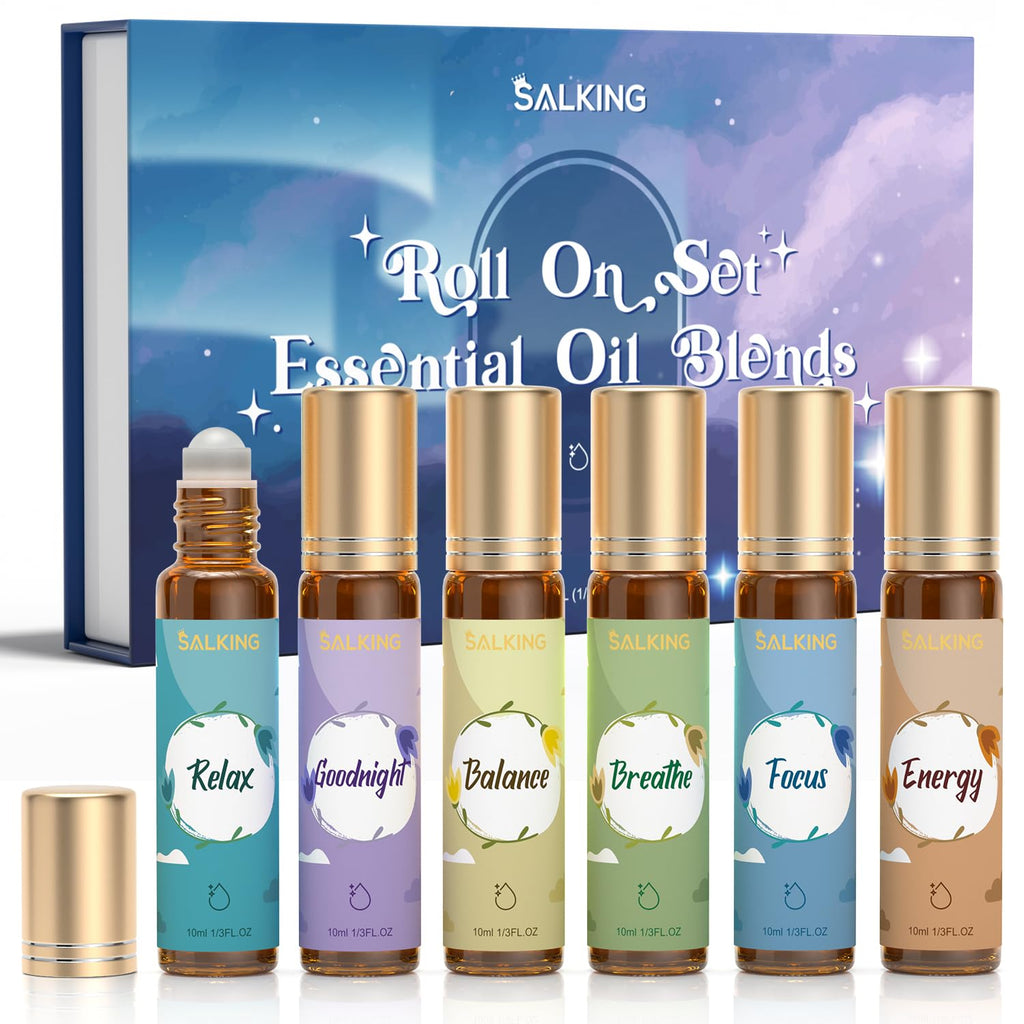 SALKING Aufrollen Ätherische Öle Set, Aromatherapie Blume Roll On Duftöl GeschenkSet, Duftöle für Diffuser Luftbefeuchter,6x10 ml Rose, Lavendel, Kirschblüte, Jasmin, Minze, Rosmarin