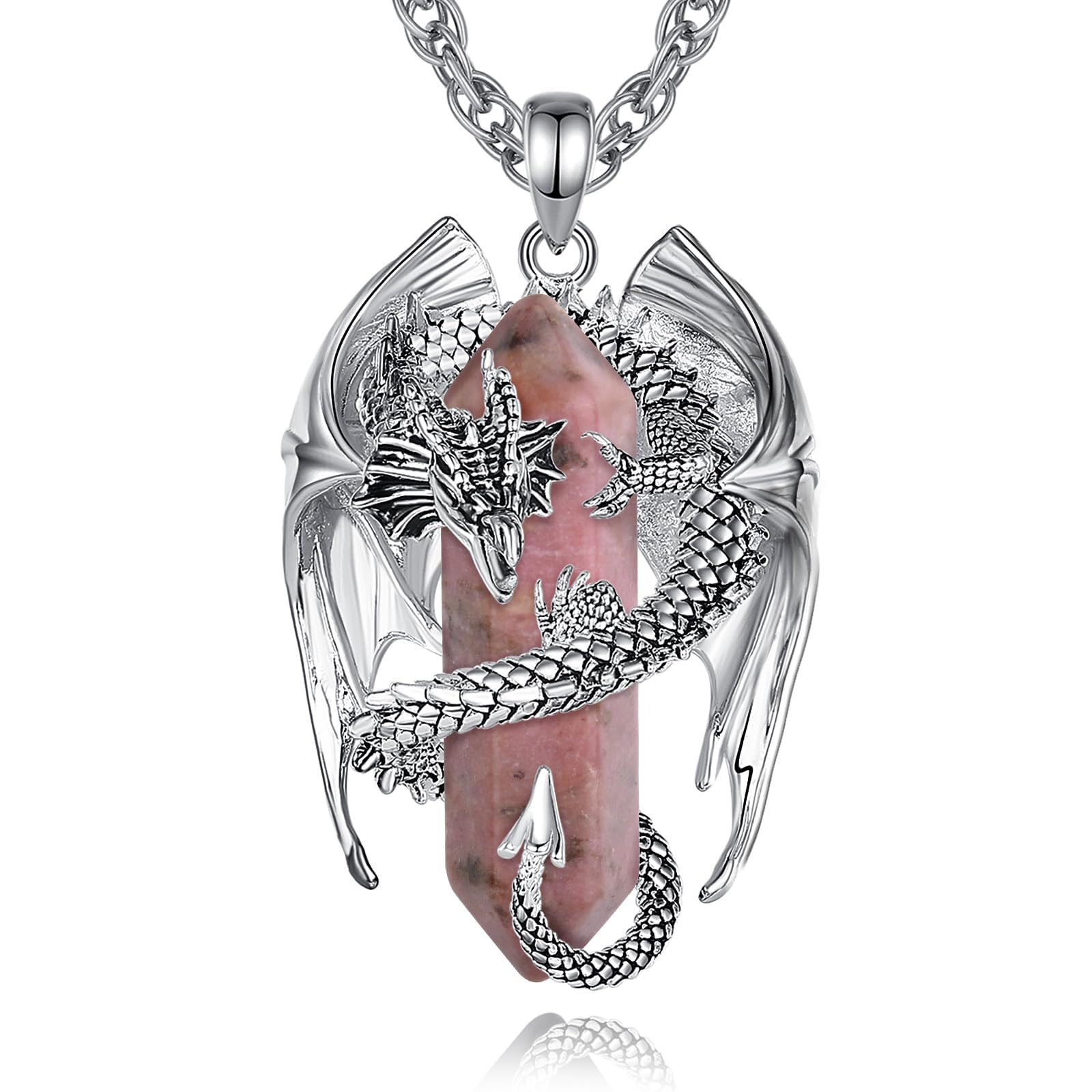 INFUSEU Kristall Drachen Kette, Nordischer Drache Gewickelter Zylinder Edelstein Kristall Anhänger Sechseckiger Heilkristall Anhänger Gothic Naturkristall-Schmuck Geschenk für Männer Frauen