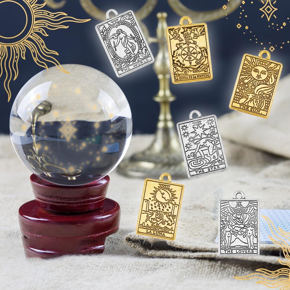 DICOSMETIC Tarot Karten Charme Rechteckige Tarot Anhänger Goldene Silber Legierungsanhänger Astrologie Wahrsagerei Anhänger Glück Amulett Charme Für Die Schmuckherstellung