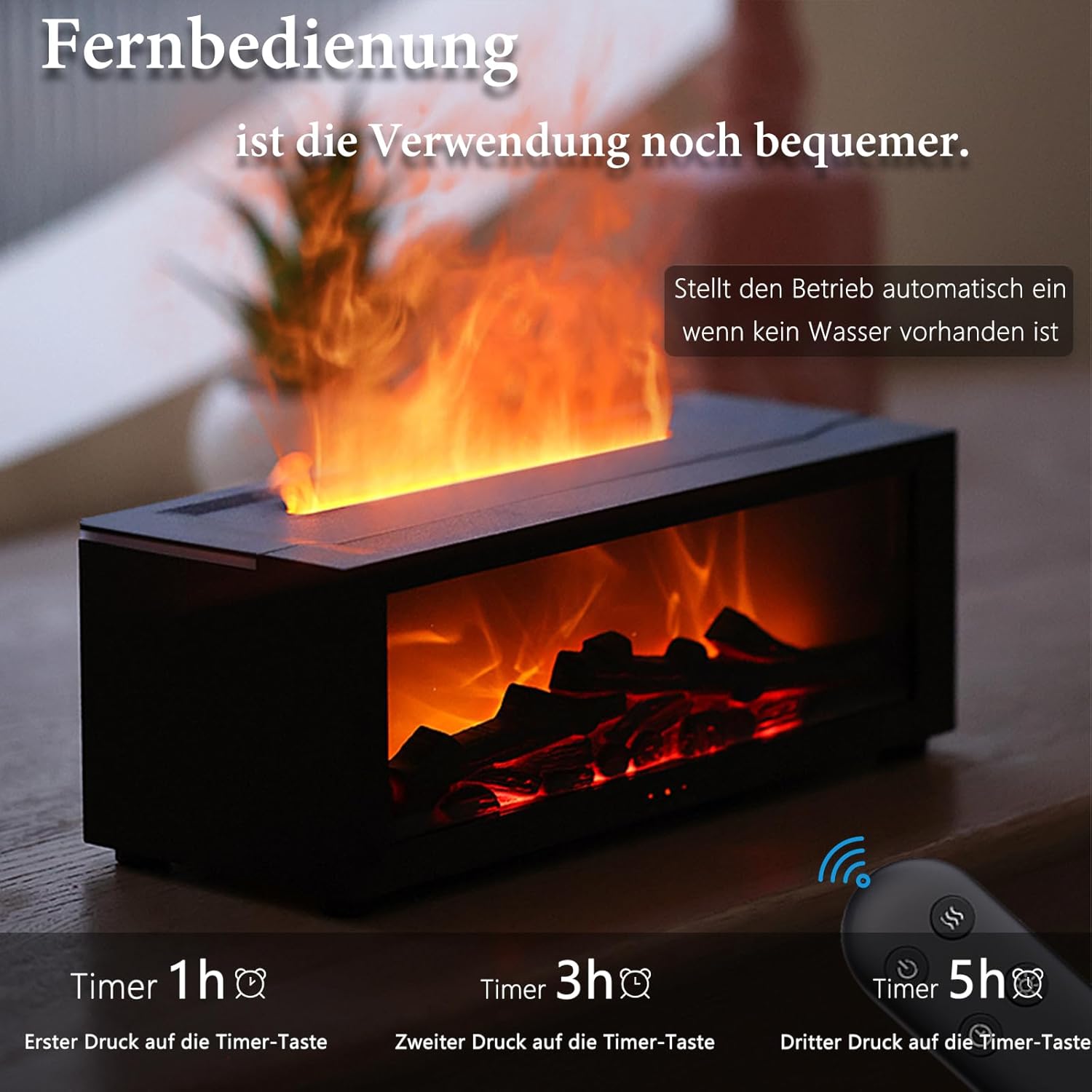 Holwim Aroma Diffuser mit LED Kamin, Duftöl Diffusor für Ätherische Öle mit 7-Farben-Licht Flammeneffekt, 150ml Luftbefeuchter mit Fernbedienung, 4 Timer, Wasserlose Abschaltautomatik (Schwarz)