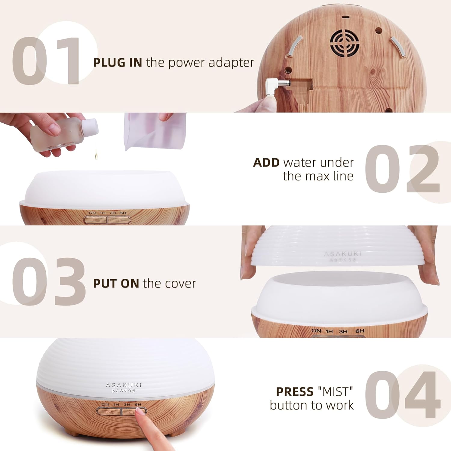 Asakuki Aroma Diffuser for Fragrance Oils, 300 ml Premium Ultrasonic Humidifier for Aromatherapy Oils with 7-Colour LED Light, BPA-Free for Bedroom, Office, Spa