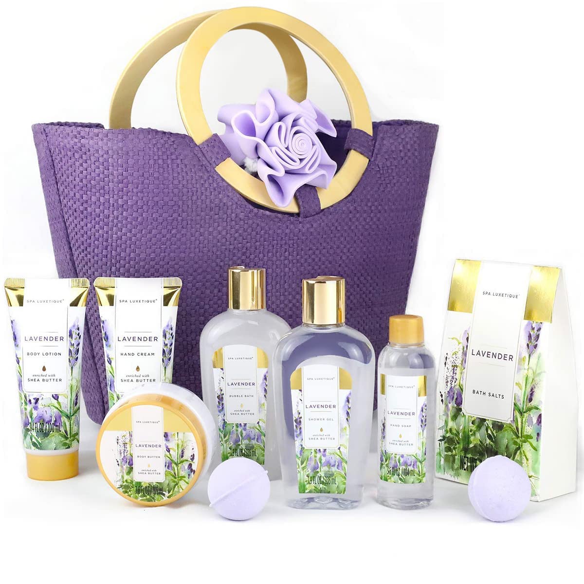 SPA LUXETIQUE Damen Bade Geschenkset - 10tlg. Lavender Duft Geburtstaggeschenk Wellness set für Frauen Handcreme, Duschgel, Schaumbad, Bodylotion, Badesalz, Badeschwamm, Muttertagsgeschenk