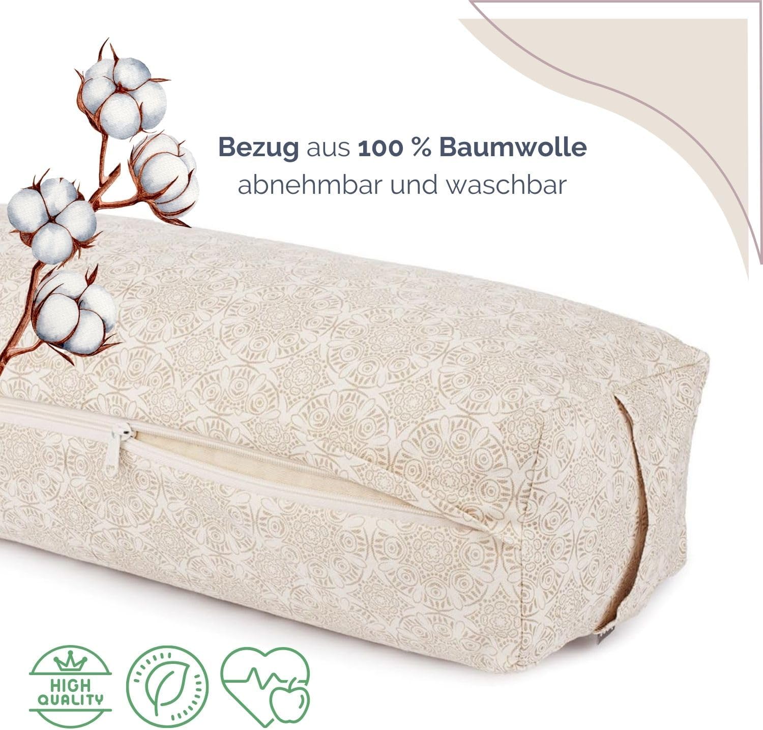 Bodhi Yoga Bolster SALAMBA | Maharaja Collection | Rechteckiges Yogakissen | Waschbarer Bezug aus Baumwolle mit Dinkelfüllung | Zubehör für Restorative und Yin Yoga