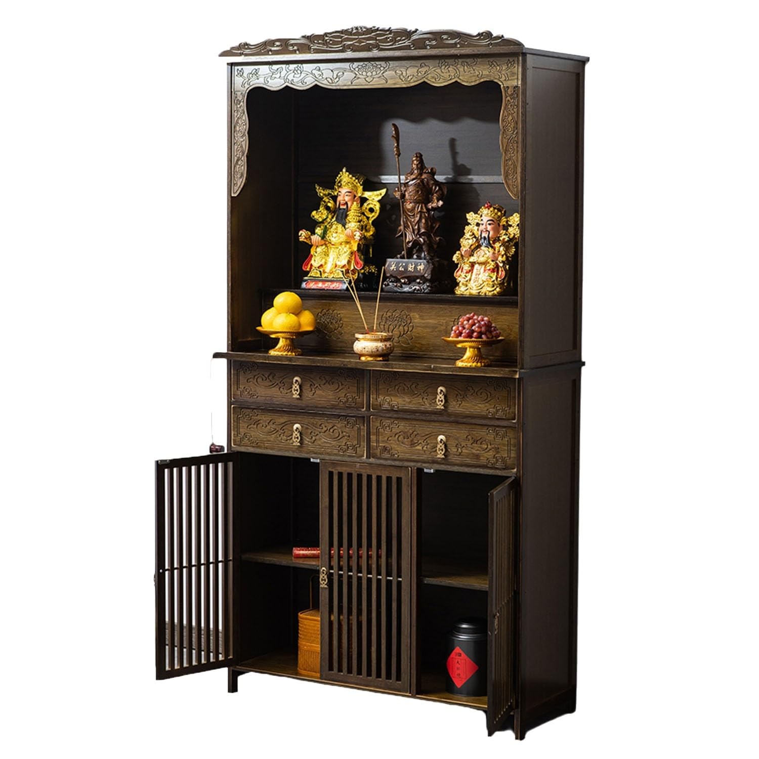 Altartisch im chinesischen Stil mit Lotusschnitzerei – Aufbewahrungsschrank aus Bambus for Meditation, Gebetspräsentation, Heimdekoration(60 * 36 * 186cm/23 * 14 * 73in)