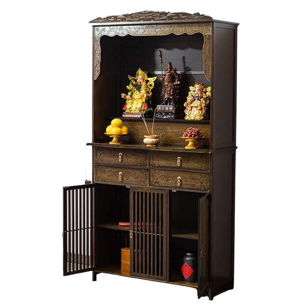 Altartisch im chinesischen Stil mit Lotusschnitzerei – Aufbewahrungsschrank aus Bambus for Meditation, Gebetspräsentation, Heimdekoration(60 * 36 * 186cm/23 * 14 * 73in)