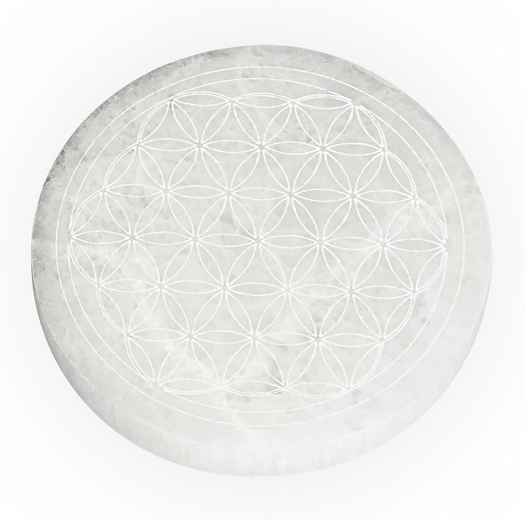 NKlaus Selenite Plate 12 cm - Handmade Healing Stone Charging Plate with Flower of Life Engraving, Polished & Energising, Ideal for Reiki, Meditation & Decoration
