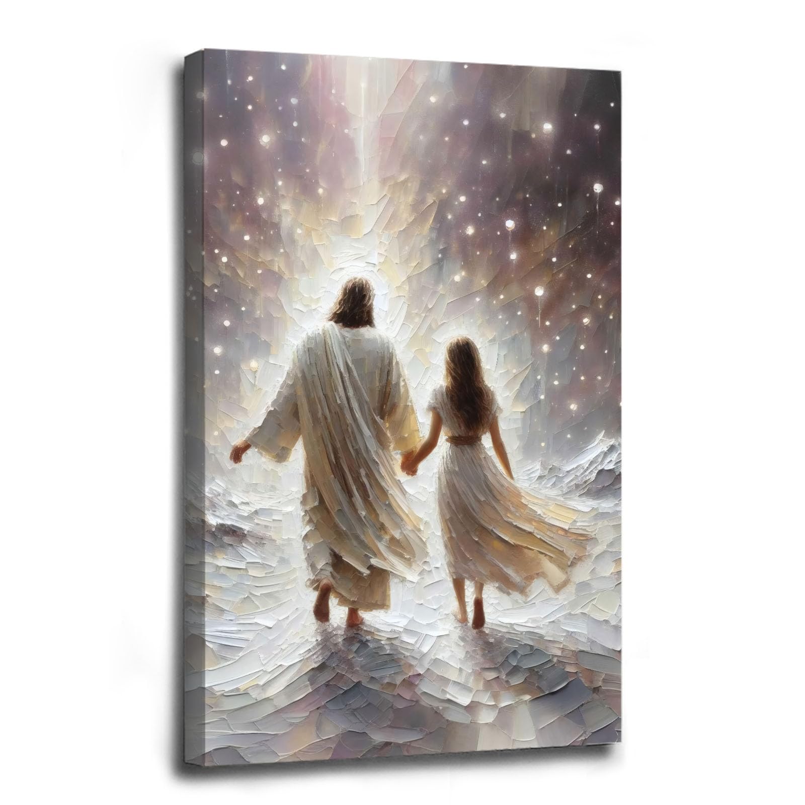 Jesus canvas painting spiritual artwork featuring a girl in a flowing white robe happily playing in a warm field of golden daisies. Adds a vibrant atmosphere to your home's sacred wall decor