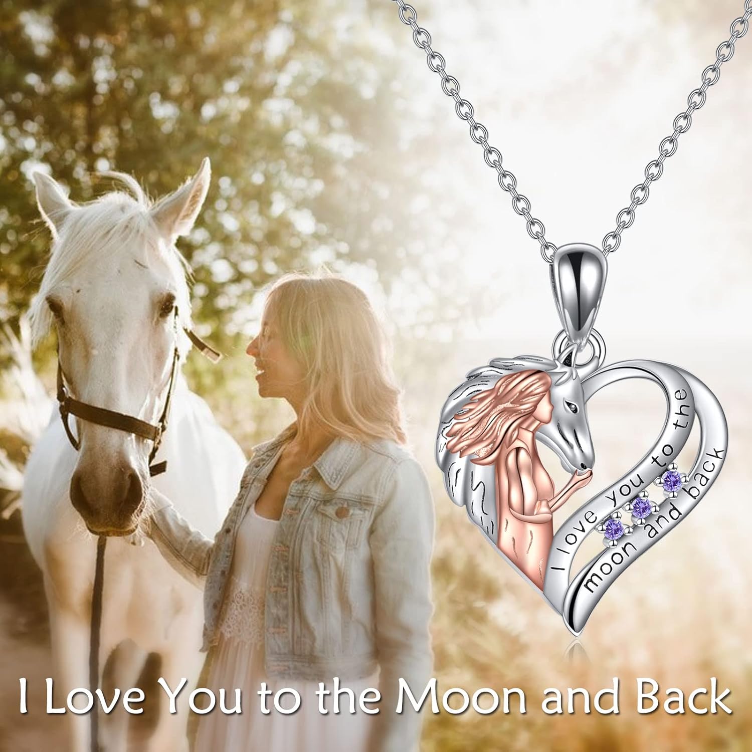 YAFEINI Pferde Kette Schmuck Geschenke Sterling Silber Ich liebe dich bis zum Mond und zurück Pferd und Mädchen Liebe Herz Anhänger Halskette für Damen Mädchen