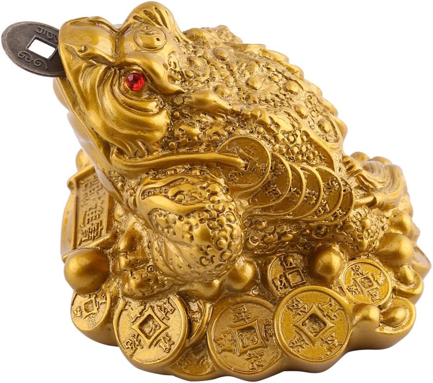 Lucky Money Frog/Toad, Feng Shui Toad/Frog Treasure Basin Statue With Coin Attract Wealth and Good Luck, Feng Shui Decoration(65×60×50mm-Brass)