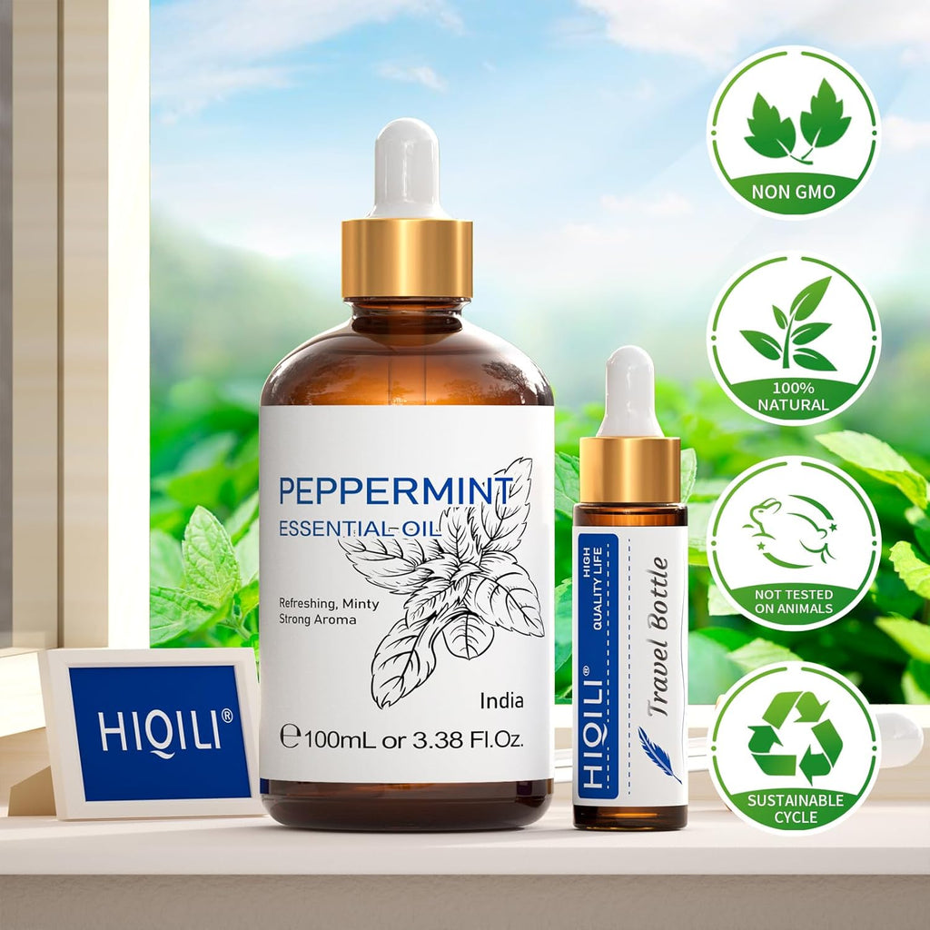 HIQILI 100ml Pfefferminzöl Ätherisches Öl, 100% Reines Naturrein Minzöl,Peppermint Oil für Diffuser, Massage, Haar, Hautpflege - Gratis Eine Reiseflasche