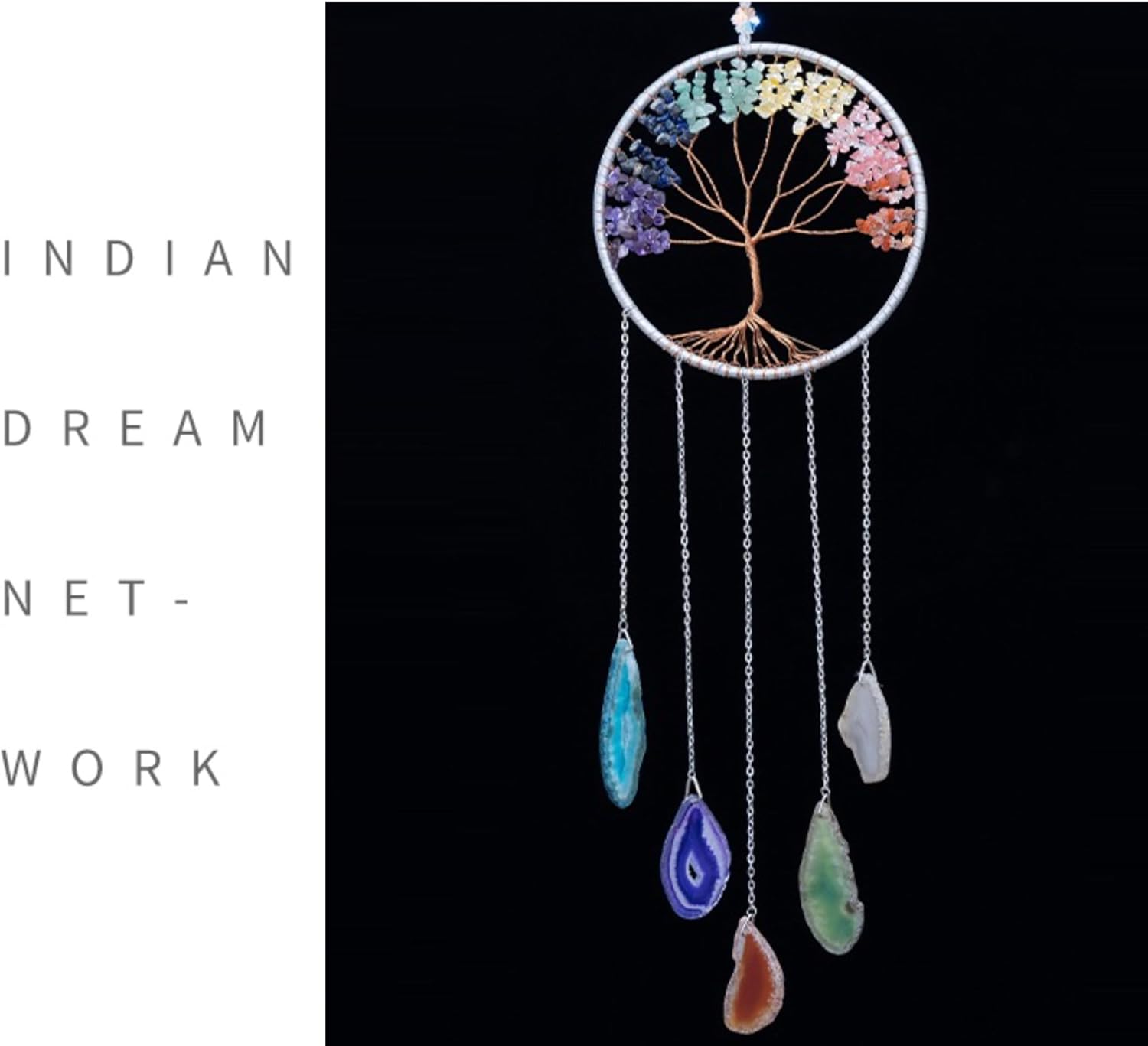 Crystals Tree of Life Dream Catcher, Natural Gemstone Agate Chakra Sign, Wall Hanging, Home Decoration for Meditation, Yoga Wall Art, Mandala Ornaments for Bedroom (7 Chakra Crystals)