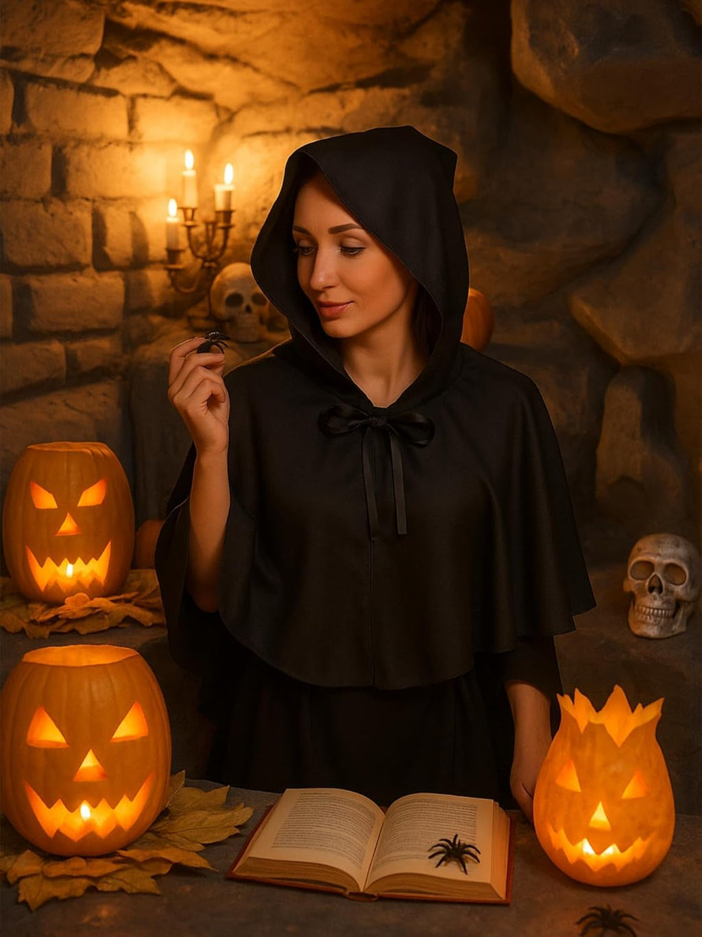 Fourluoo 2 Pcs Medieval Grim Cowl Cloak Hat Wicca Pagan Hood Viking Cape Hooded Cosplay Costumes Poncho