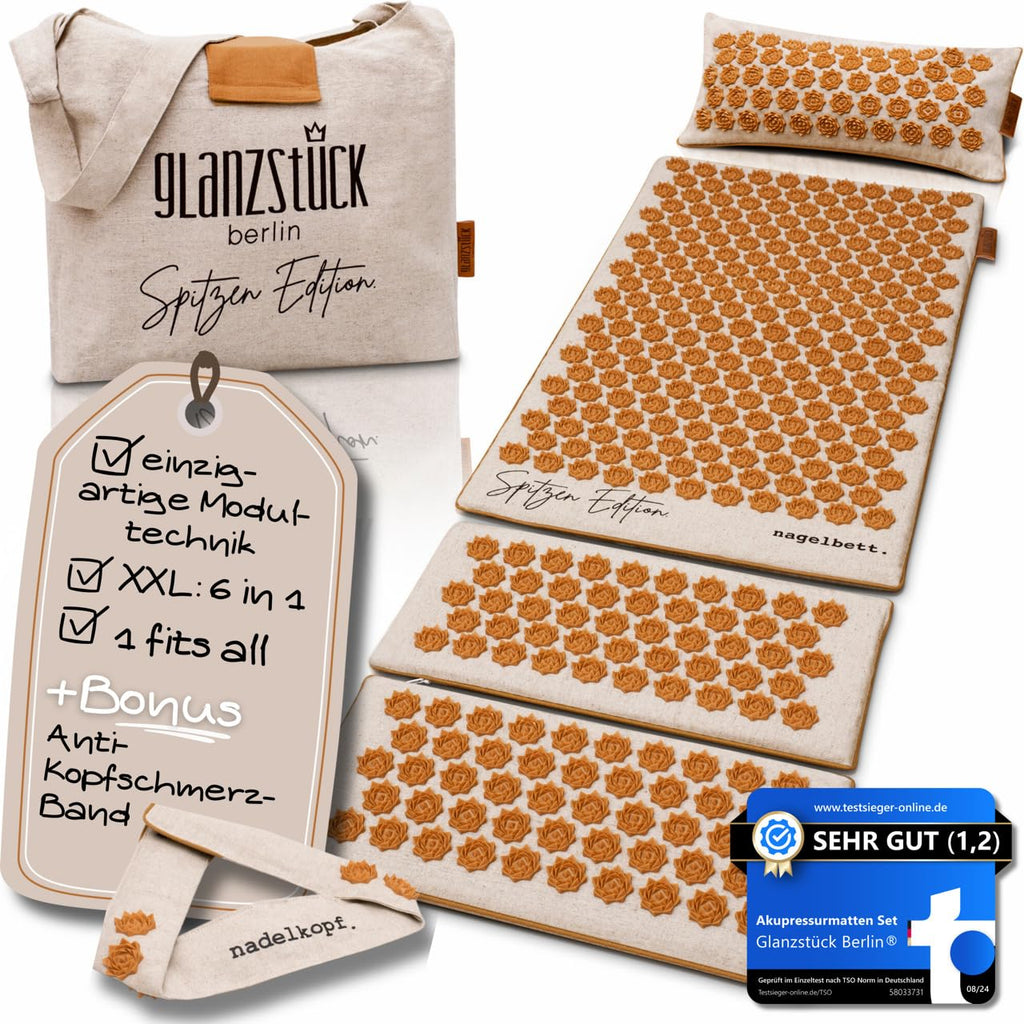 Glanzstück Berlin® Health Collection: XL Akupressurmatte Set ORIGINAL aus Leinen, Hilfe bei Verspannungen, Rückenschmerzen, Massagematte mit Kissen (Wärmefunktion) & Tasche, nachhaltig