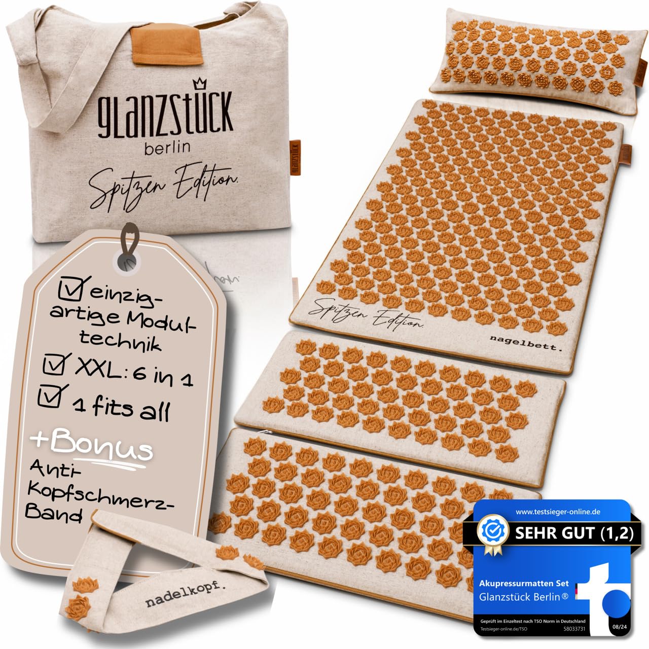 Glanzstück Berlin® Health Collection: XL Akupressurmatte Set ORIGINAL aus Leinen, Hilfe bei Verspannungen, Rückenschmerzen, Massagematte mit Kissen (Wärmefunktion) & Tasche, nachhaltig
