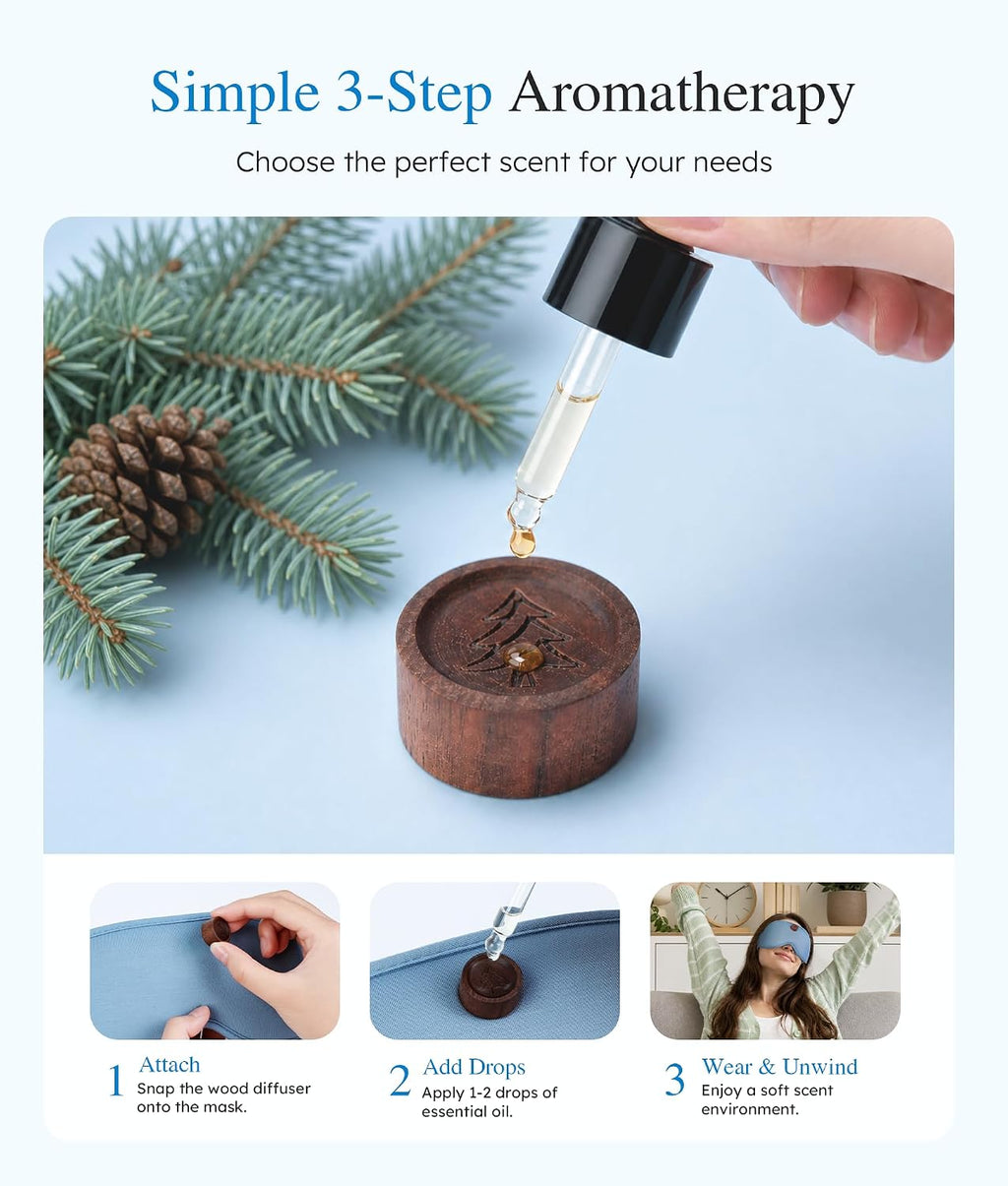 MUSICOZY Aromatherapy Sleep Mask Essential Oil Diffuser 3D Blackout Design | Wood Diffuser with Lavender, Fir, Geranium Oils, Adjustable Strap, Bamboo Fiber Comfort for Sleeping Meditation Relaxation