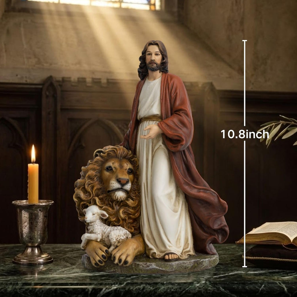 Jesus with Lion and Lamb Statue 10.8 Inch Jesus Figurine the Lion of Judah & The Lamb of God Christian Figurine, Realistic Religious Sculpture for Home Décor, Faith Gift, Church Display