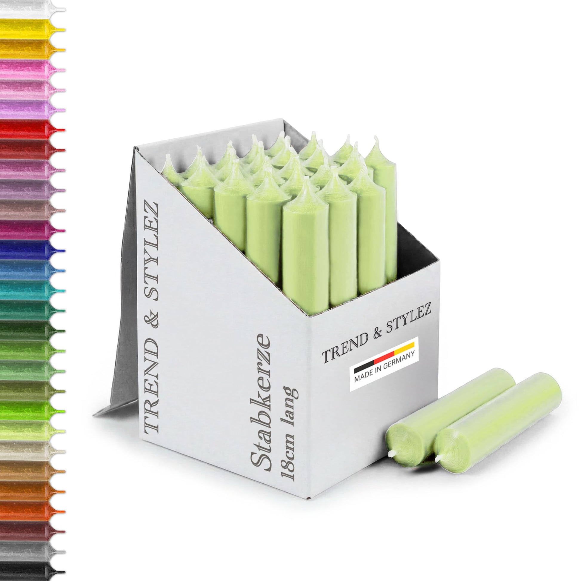 25 Stabkerzen 180mm x 22mm | Durchgefärbte Spitzkerzen | 8+ Stunden Brenndauer | Made in Germany - Ohne Tropfen & Rußen | RAL-Zertifizierte Tafelkerzen unparfümiert (Grün)